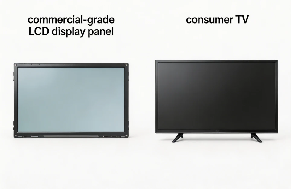 Comparison of commercial-grade LCD display panel versus consumer TV in a high-traffic retail environment showing brightness, durability, and continuous operation capabilities